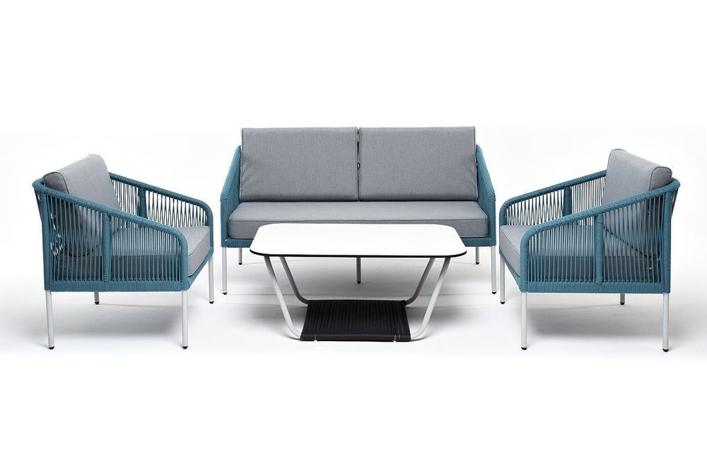 "Канны" лаунж-зона 4-местная из роупа со столом "Гранада" (молочный), каркас алюминиевый светло-серый, роуп бирюзовый