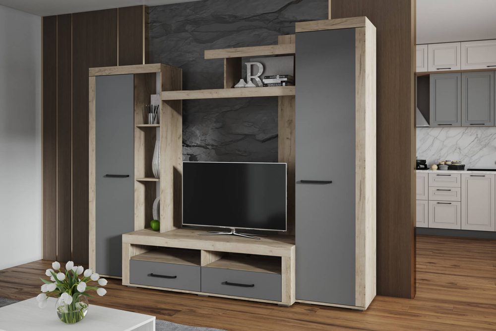 Гостиная Марсель-4 дуб крафт золотой/кашемир, крафт табачный/дуб крафт белый, крафт серый/графит серый