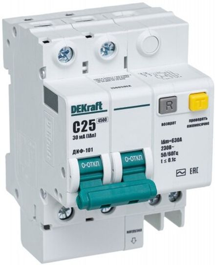 Выключатель автоматический дифференциальный DEKraft 2Р 25А 30мА C ДИФ-101 4,5кА