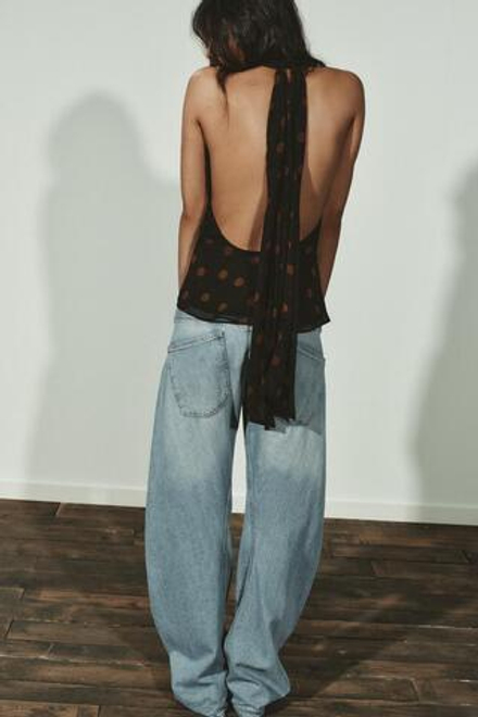 ZARA ТОП ИЗ ЖОРЖЕТА С ГОРЛОВИНОЙ ХАЛТЕР В ГОРОШЕК, ОТТЕНКИ КОРИЧНЕВОГО