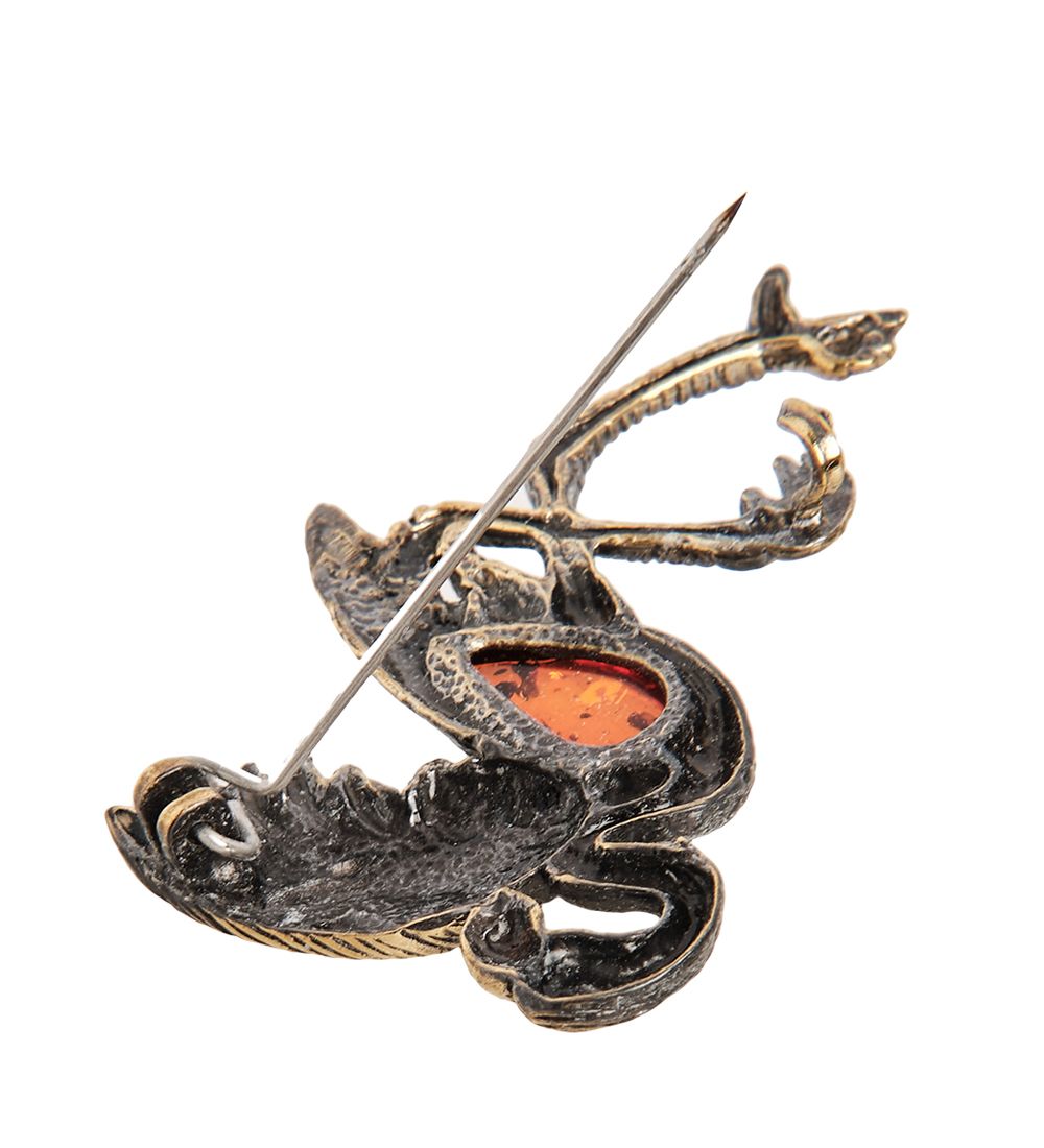 AM- 955 Брошь «Фламинго» (латунь, янтарь)