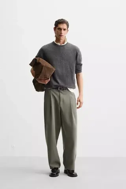 ZARA БРЮКИ СВОБОДНОГО КРОЯ СО СКЛАДКАМИ, ХАКИ