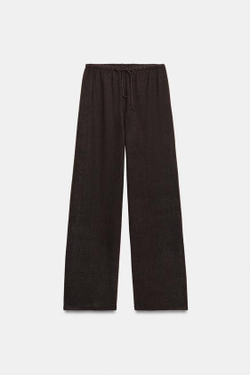 ZARA БРЮКИ WIDE LEG ИЗ ТКАНИ В ДЕРЕВЕНСКОМ СТИЛЕ, ТЕМНО-КОРИЧНЕВЫЙ