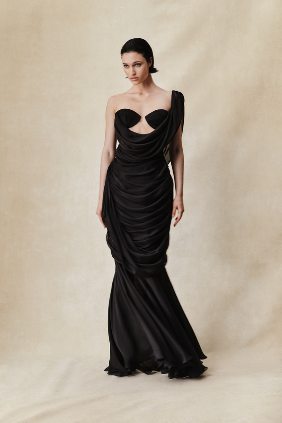 Корсетное платье макси из вискозы и шелка с драпировкой