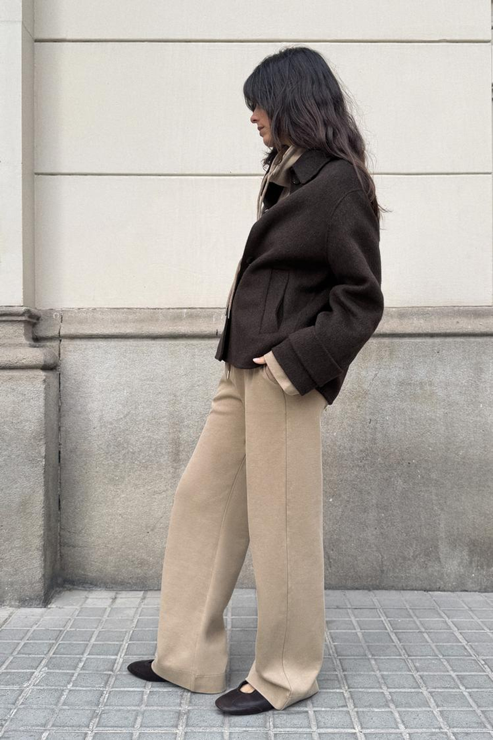 ZARA БРЮКИ ИЗ ТРИКОТАЖА ИНТЕРЛОК С ЭФФЕКТОМ ПОТЕРТОСТИ, СЕРО-КОРИЧНЕВЫЙ