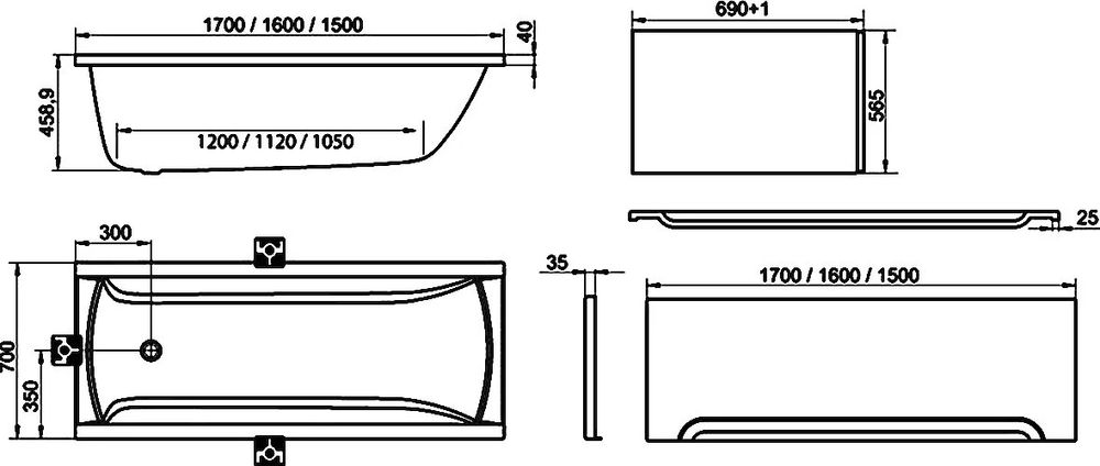 Ванна акриловая прямоугольная CLASSIC 150x70 N белая