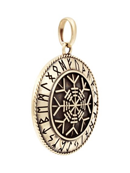 Фото амулета Агисхьяльм из бронзы, вид в полуобороте.