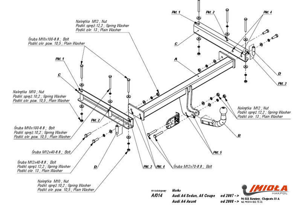Фаркоп IMIOLA A.014 Audi A4 седан/универсал 2008-2015, Audi A5 2008-(паспорт и сертификат в комплекте)(без электрики)