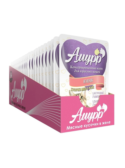 Амурр Влажный корм для взрослых кошек, ягненок в желе, 24 шт x 100 г