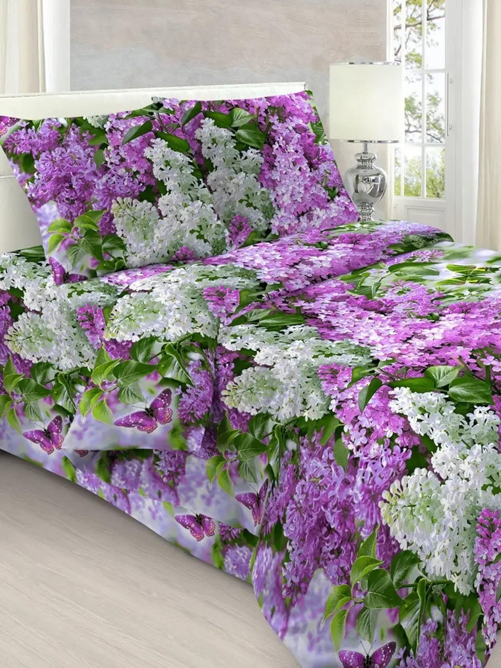 Комплект постельного белья 1,5 сп из Бязи 125 гр. (100% хлопок) с нав 70*70 (1 шт) ромашки, сирень