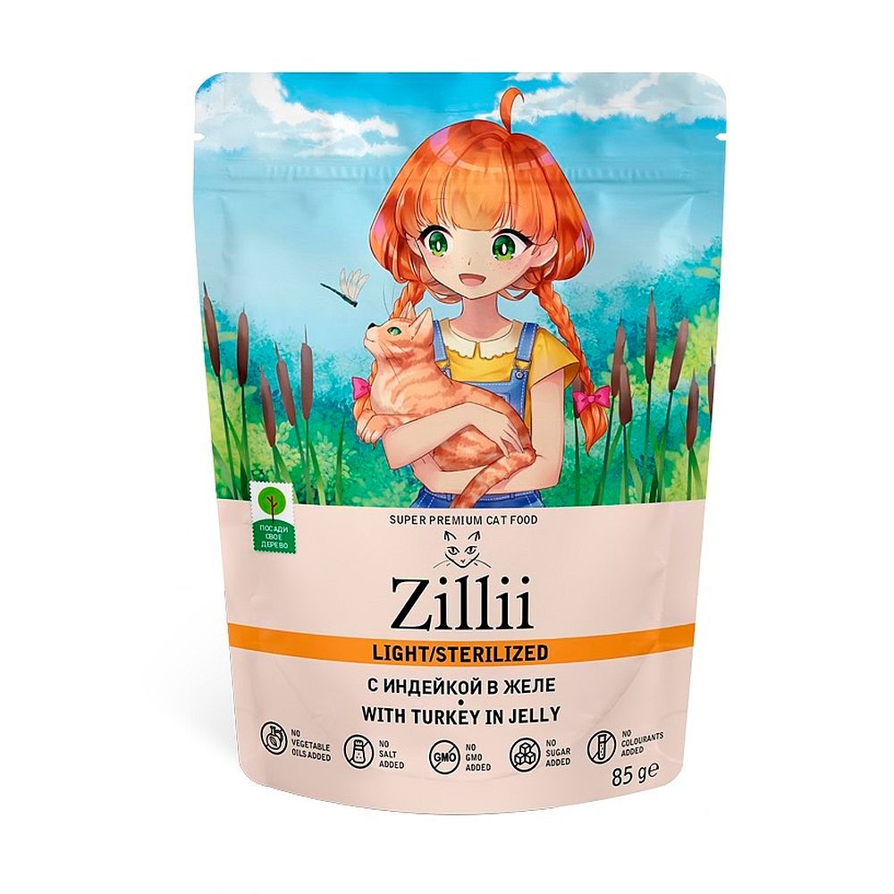Влажный корм ZILLII Sterilized/Light Cat Turkey для кошек с индейкой в желе, пауч 85 г