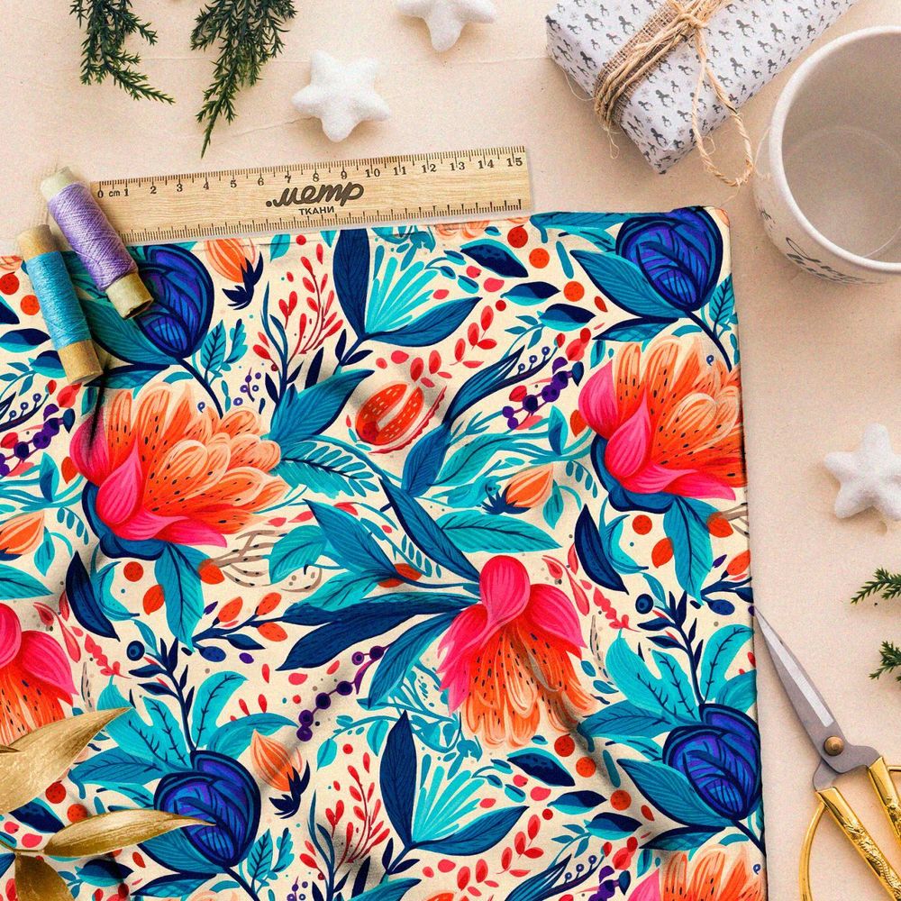 Ткань премиум бифлекс цветочная иллюстрация