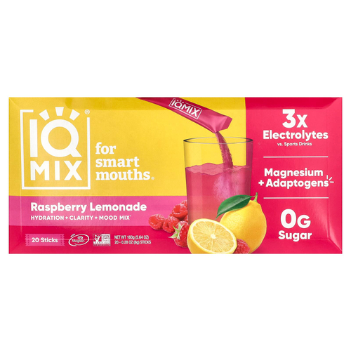 IQBAR, IQMIX®, смесь для увлажнения, чистоты и настроения, со вкусом малинового лимонада, 20 стиков по 8 г (0,28 унции)