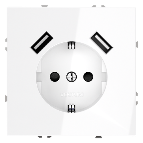 Розетка встраиваемая VOLTUM S70 с заземлением и защитными шторками, 16А, с USB, A+A, (белый глянцевы