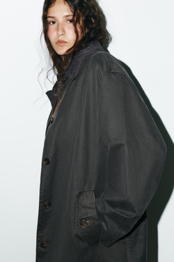 ZARA ВОЩЕНЫЙ ТРЕНЧ С ВЕЛЬВЕТОВЫМ ВОРОТНИКОМ, АНТРАЦИТОВО-СЕРЫЙ