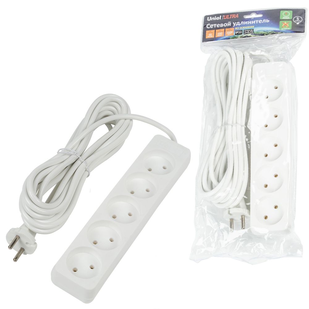 S-CU5-5 WHITE Удлинитель серии Ultra. шнур 5м.. 5 гнезд. 10A. б-з. Белый. TM Uniel