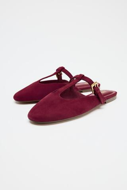 ZARA ЗАМШЕВЫЕ ТУФЛИ-МЮЛИ С РЕМЕШКОМ, КРАСНЫЙ
