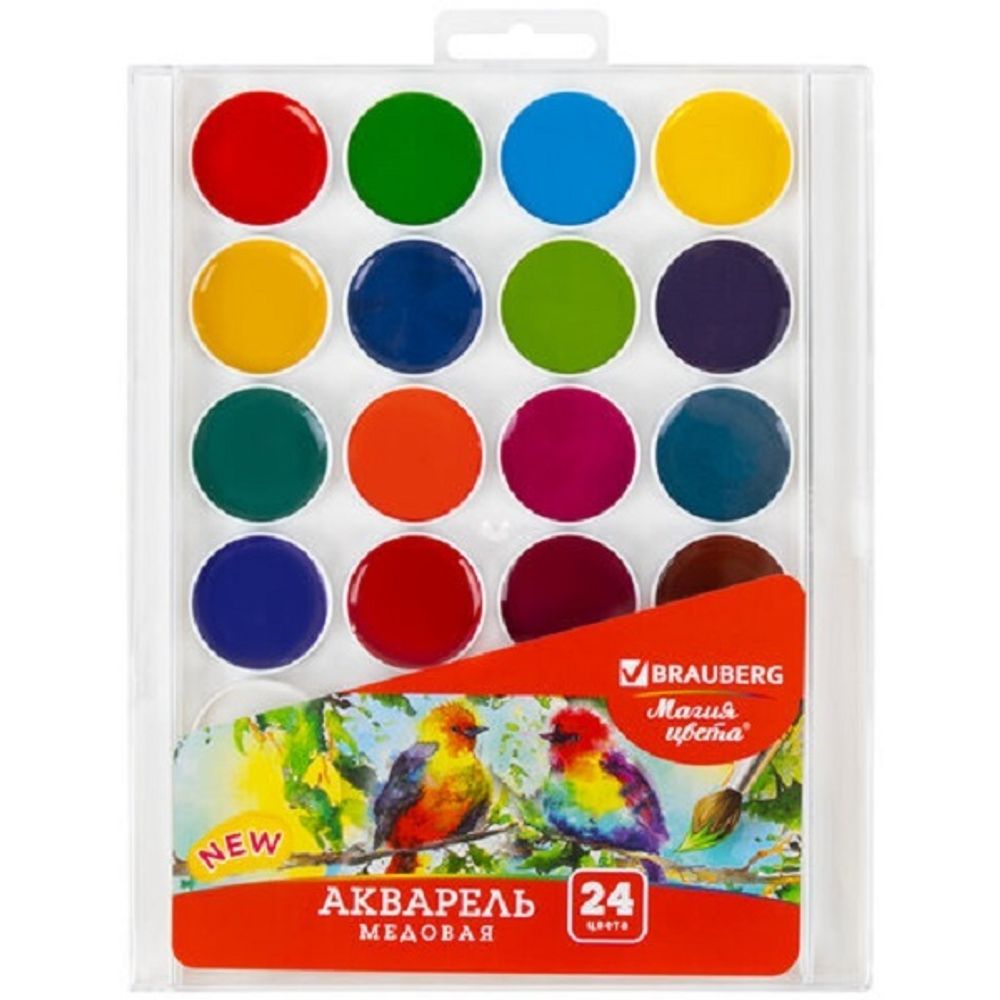 Краски акварельные 24цв. Brauberg Магия цвета, медовые, без кисточки, пластиковая коробка