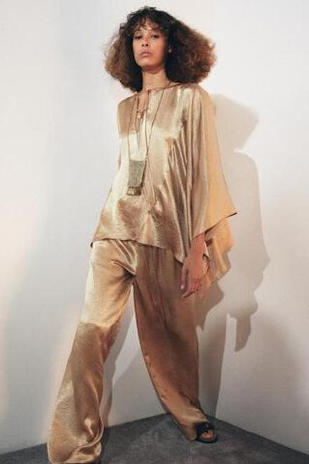 ZARA ШИРОКИЕ АТЛАСНЫЕ БРЮКИ ZW COLLECTION, ЗОЛОТИСТЫЙ