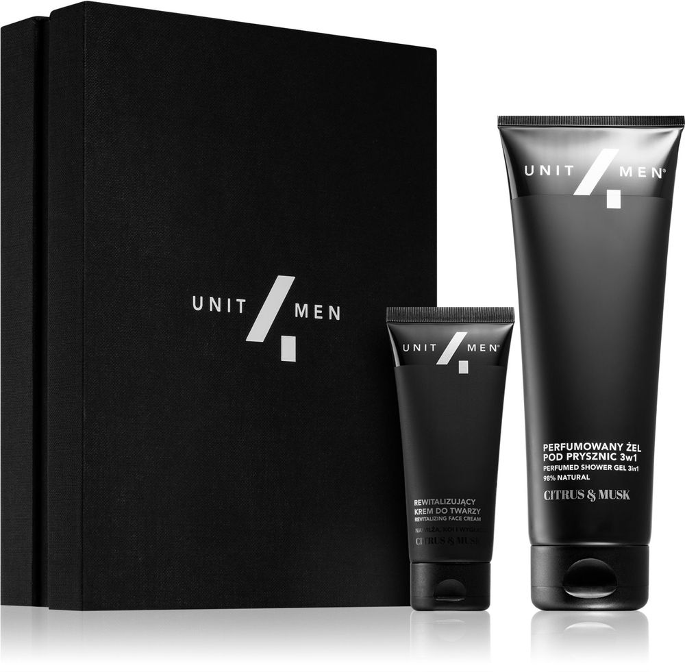 Unit4Men 3-в-1 shampoo, conditioner and shower gel 200 мл + revitalising cream for the face 50 мл Revitalizing set Citrus &amp; Musk