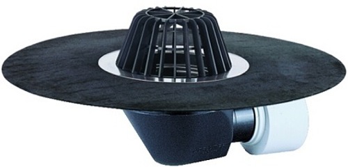 HL64H кровельная воронка с листвоуловителем, с теплоизоляцией, гидроизоляционным полимербитумным полотном, с горизонтальным выпуском DN 75/110