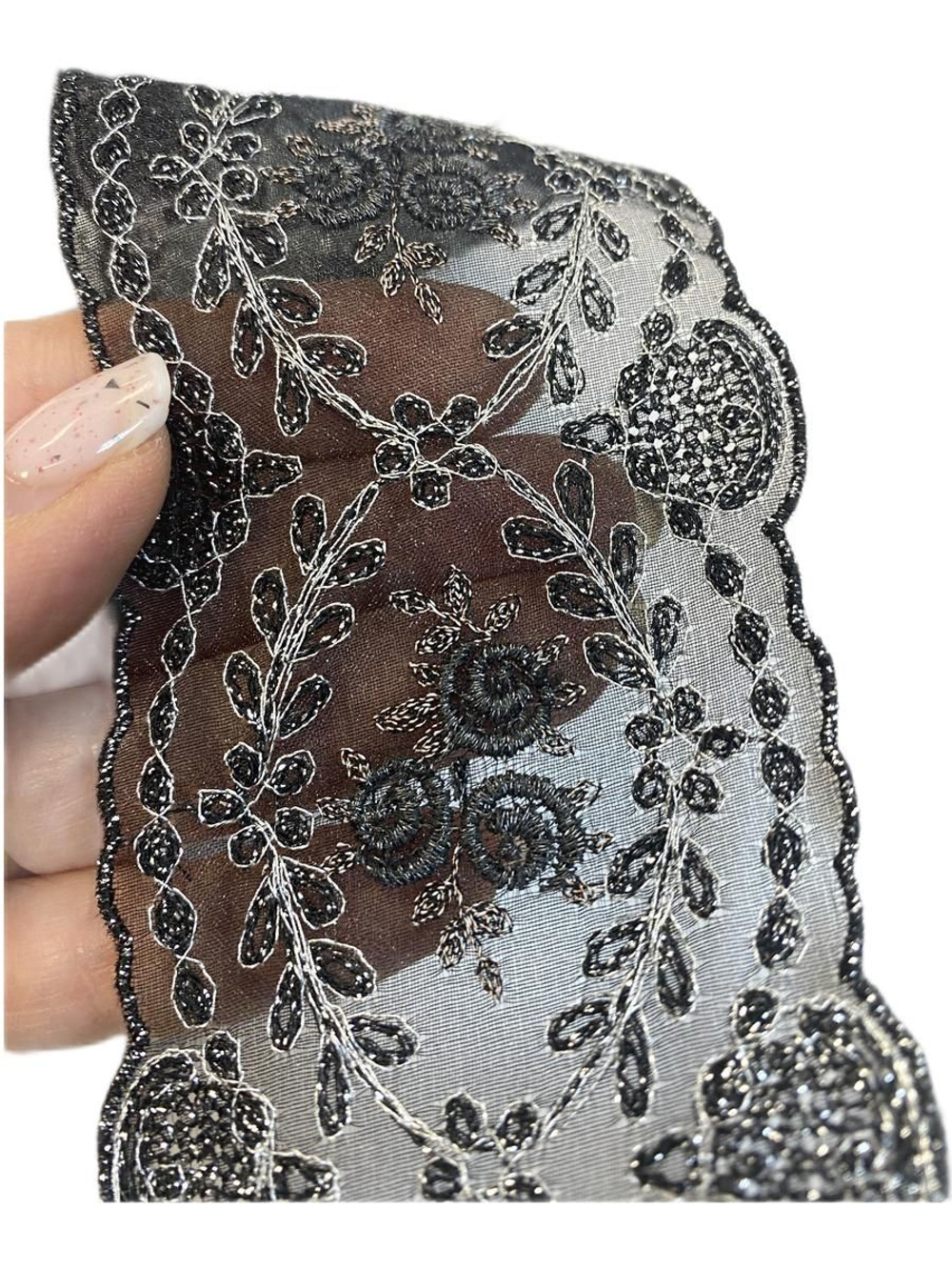 кружево на органзе вышивка шелк/хлопок/люрекс (Франция) ш-6,5 см цена за отрез 1,25м