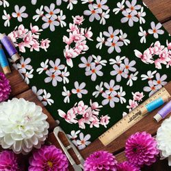 Ткань блэкаут опадающая сакура на тёмно-зелёном фоне