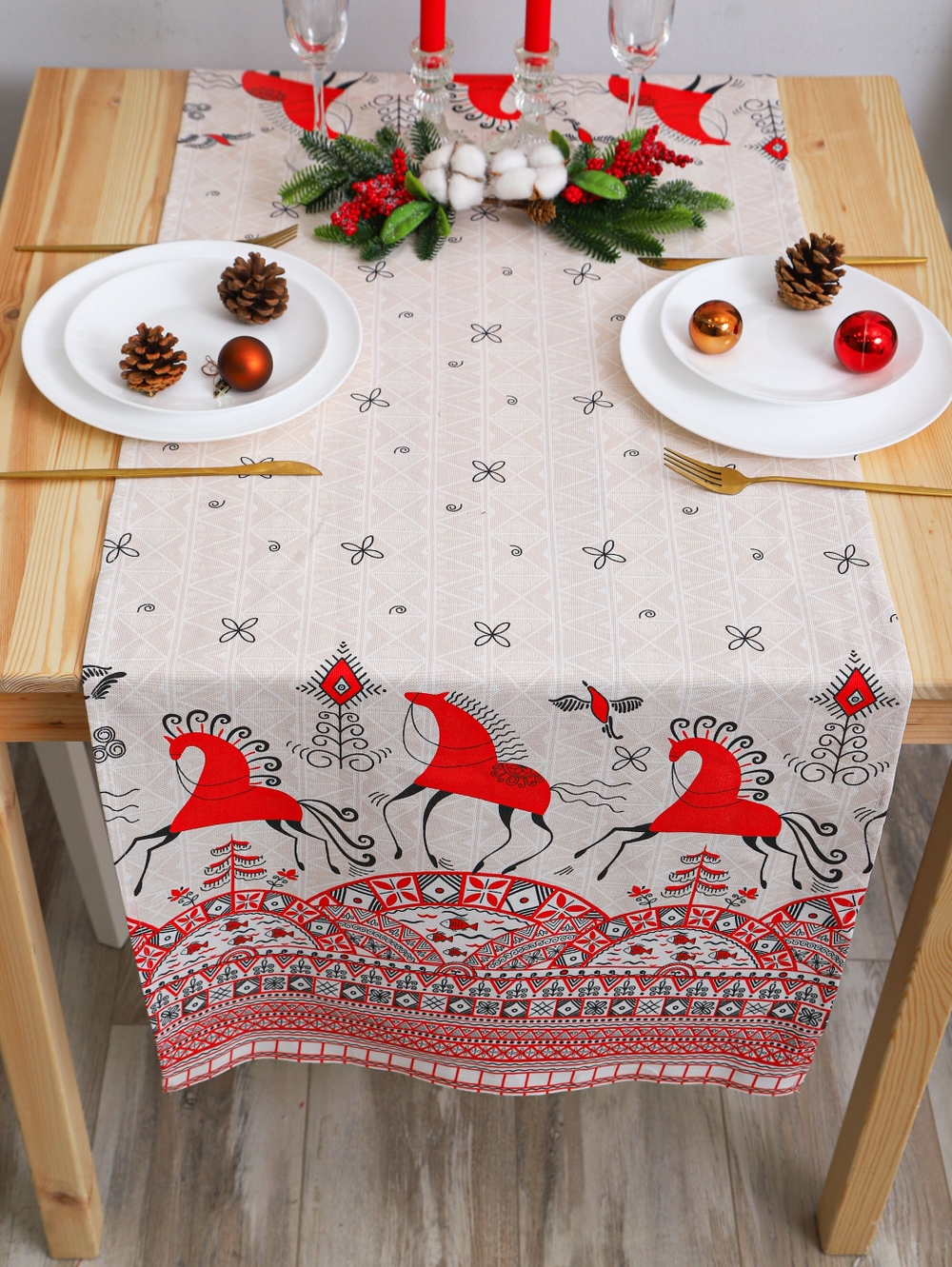 Рушник (лошадь символ года 2026) на свадьбу, под икону, для венчания / скатерть, дорожка (100% хлопок, рогожка)