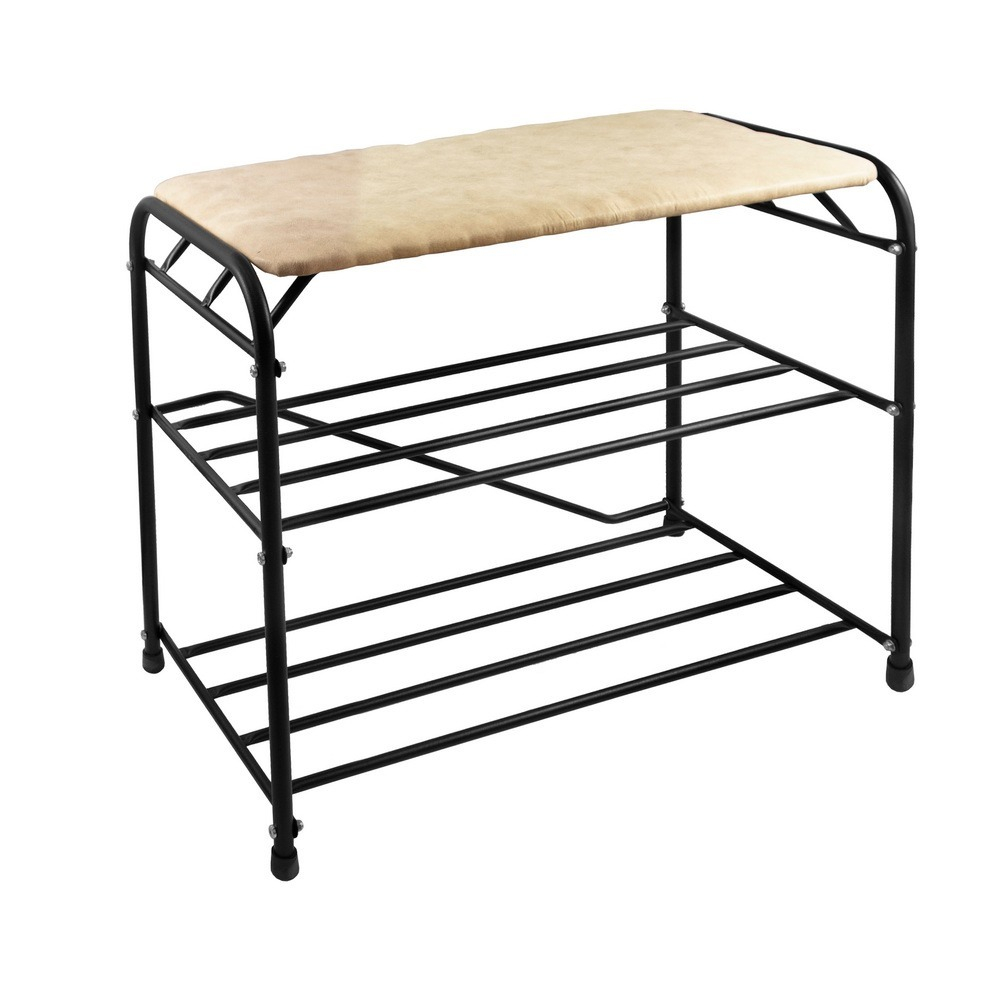 ПОДСТАВКА ДЛЯ ОБУВИ 3 ПОЛКИ 65СМ СИДЕНЬЕМ ЗАМША ЧЕРНЫЙ