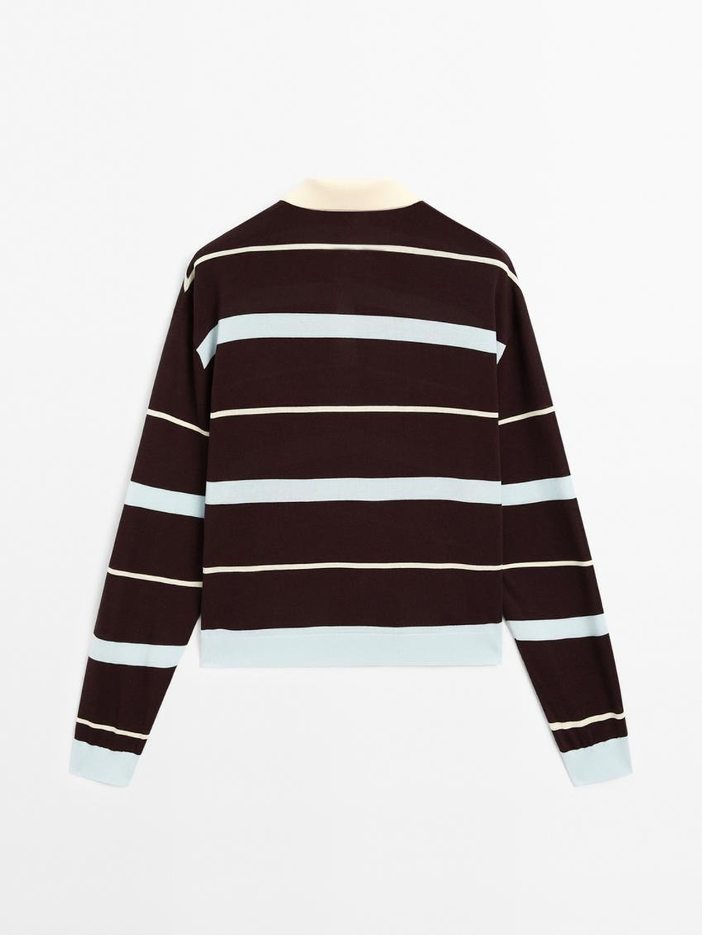 Massimo Dutti Свитер в полоску с воротником поло, шоколадный