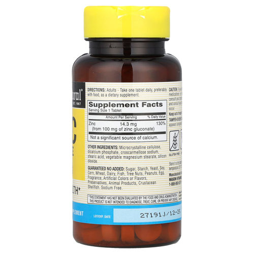 Mason Natural, Хелатный глюконат цинка, 100 мг, 100 таблеток