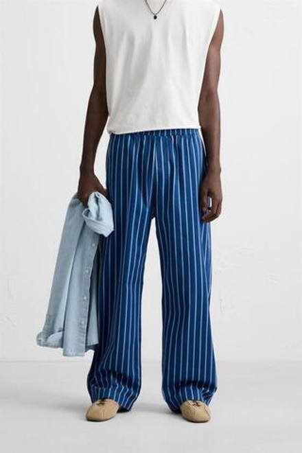 ZARA БРЮКИ СВОБОДНОГО КРОЯ В ПОЛОСКУ, СИНИЙ