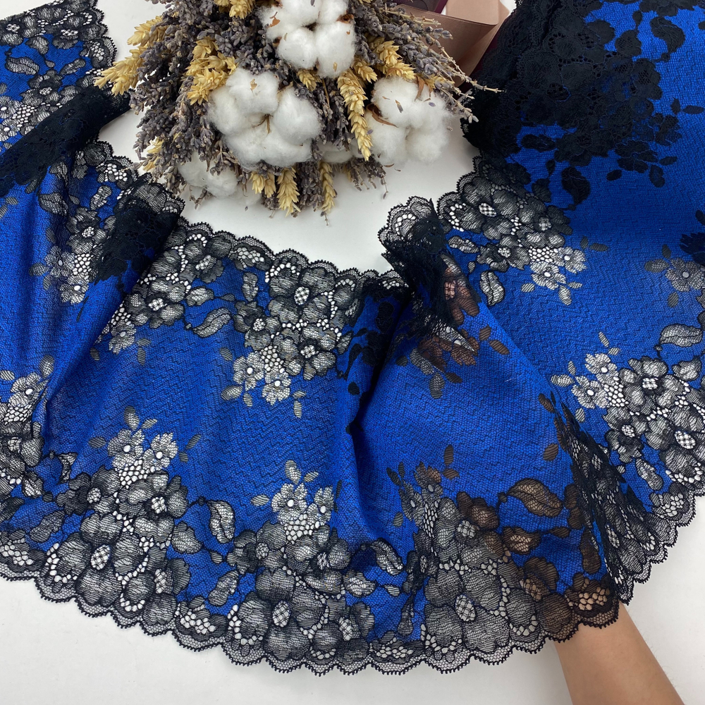 Кружево эластичное черный/василек 21,5 см