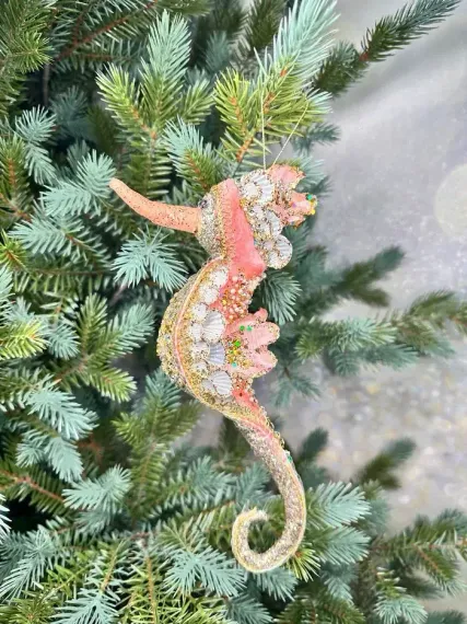 Винтажное украшение Сокровища Посейдона - Морской Конек, 8х23 см., коралловый, 1 шт., ChristmasDe Luxe (86637)
