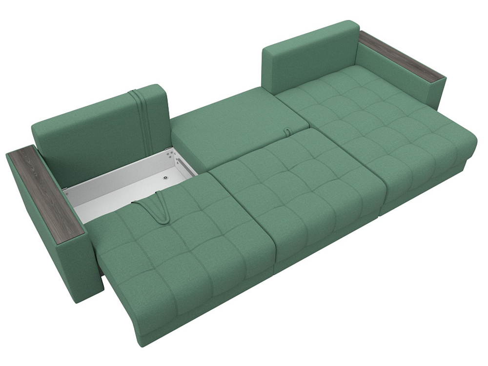 Диван угловой с декором Лига-049 НПБ Лонг, Амур 11 РОГОЖКА зеленый