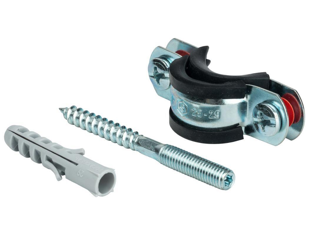 STOUT Хомут для труб, комплект: хомут+шпилька шуруп +дюбель пластиковый 3/4"(25-29) (72)