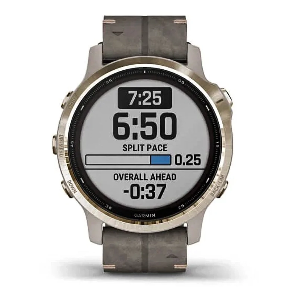 Спортивные наручные часы Garmin Fenix 6s Pro Solar золотистый с серым замшевым ремешком 010-02409-26