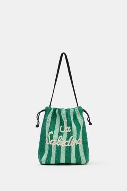 ZARA СУМКА-МЕШОК С БУСИНАМИ, ЗЕЛЕНЫЙ