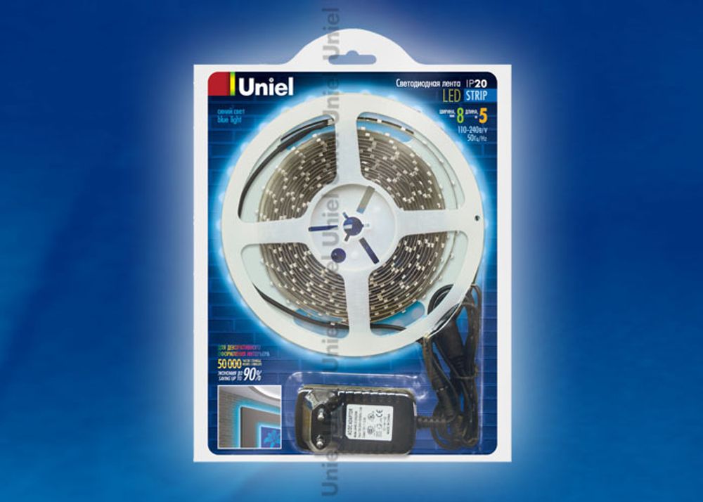 ULS-3528-60LED/m-8mm-IP20-DC12V-BLUE Лента светодиодная UNIEL. Серия «Готовые решения» - катушка 5 м в блистере. В комплекте с адаптером. IP20. Синий