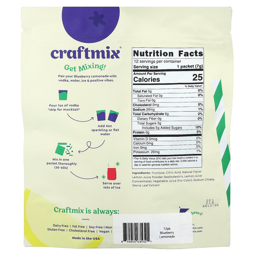 Craftmix, лимонад из голубики, 12 пакетиков, 7 г (0,25 унции) каждый