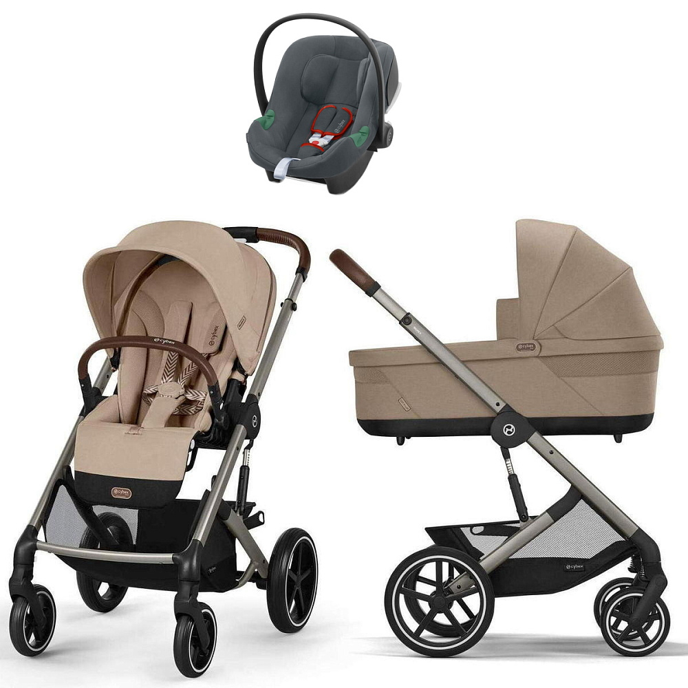 Коляска Cybex Balios S Lux TPE complete Aton B2 Steel Grey Base One 4 в 1 Almond Beige с дождевиками