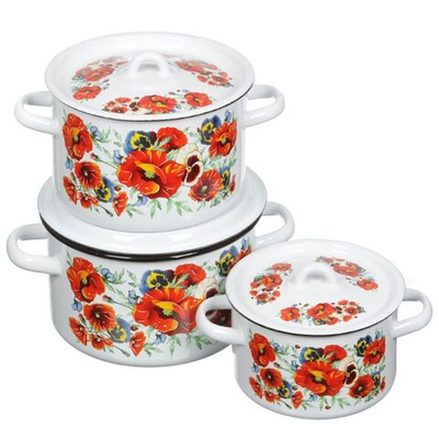 Набор эмалированной посуды 6 пр, кастрюли 1.5,2.9,4.5 л, СтальЭмаль, Маки мечта, 1с33