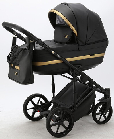 Детская коляска Adamex Rimini Deluxe 3 в 1 RI203 ЧЕРН.КОЖА+ЗОЛОТО.ОТДЕЛКА