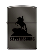Легендарная классическая американская бензиновая широкая зажигалка ZIPPO Classic Black Ice™ черная глянцевая из латуни и стали с рисунком  Медный всадник  ZP-150 ST PETERSBURG
