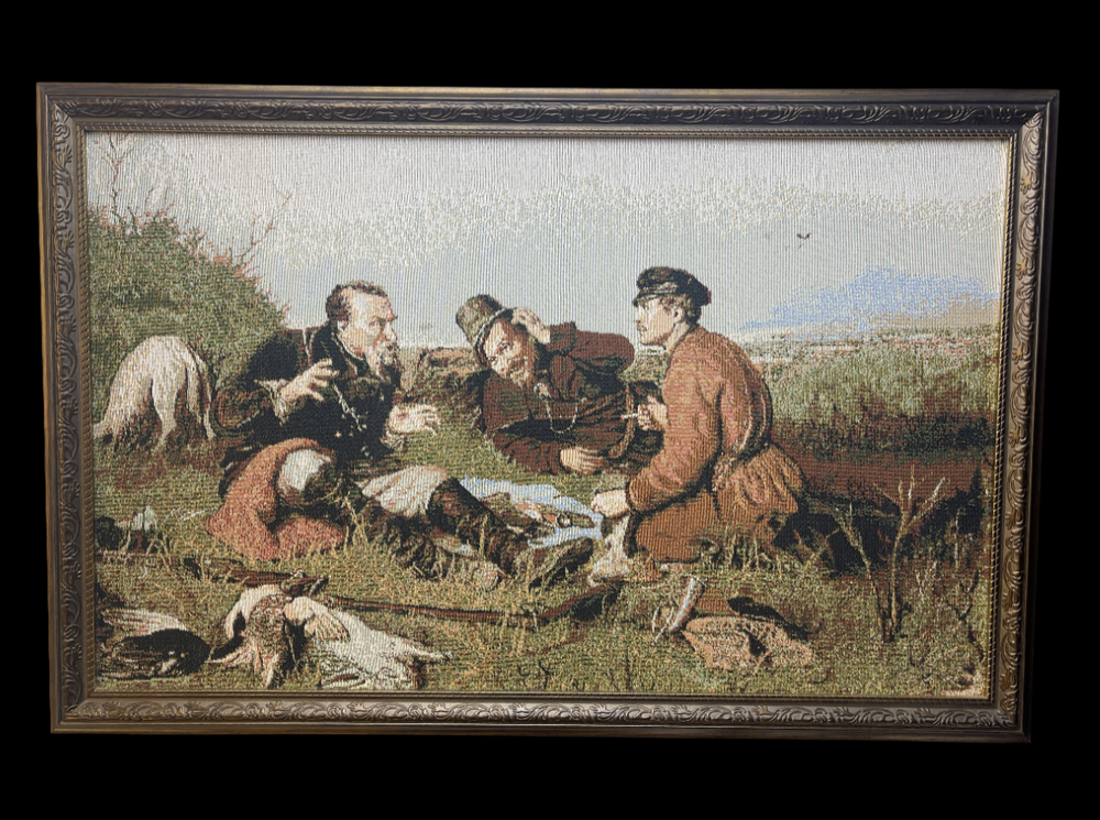 Гобелен в раме "Охотники на привале" 1950 е годы СССР. 83 х 55 см
