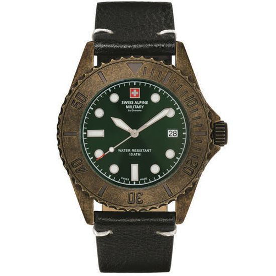 С ремешком Мужские наручные часы с черным кожаным ремешком  Swiss Alpine Military 7051.1583 diver vintage 41mm 10ATM