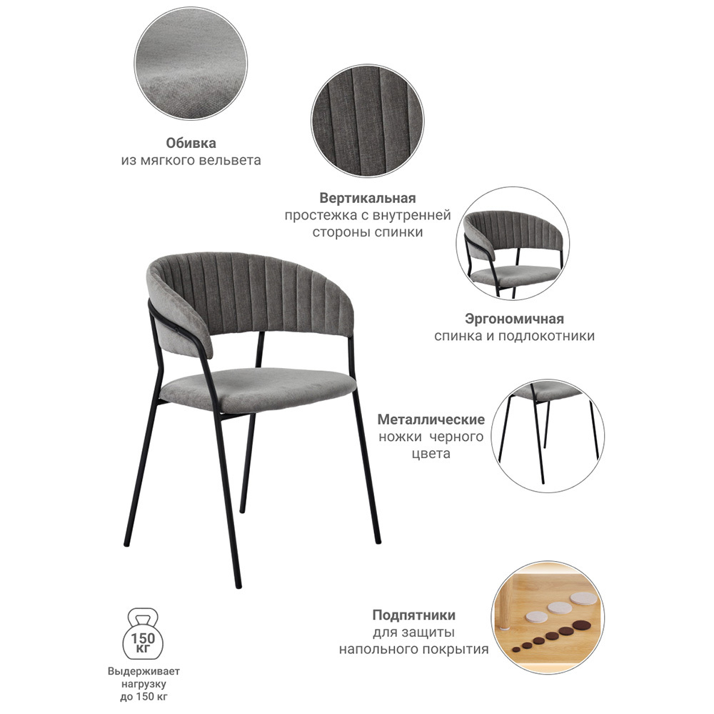 Комплект из 2-х стульев Turin серый вельвет с чёрными ножками