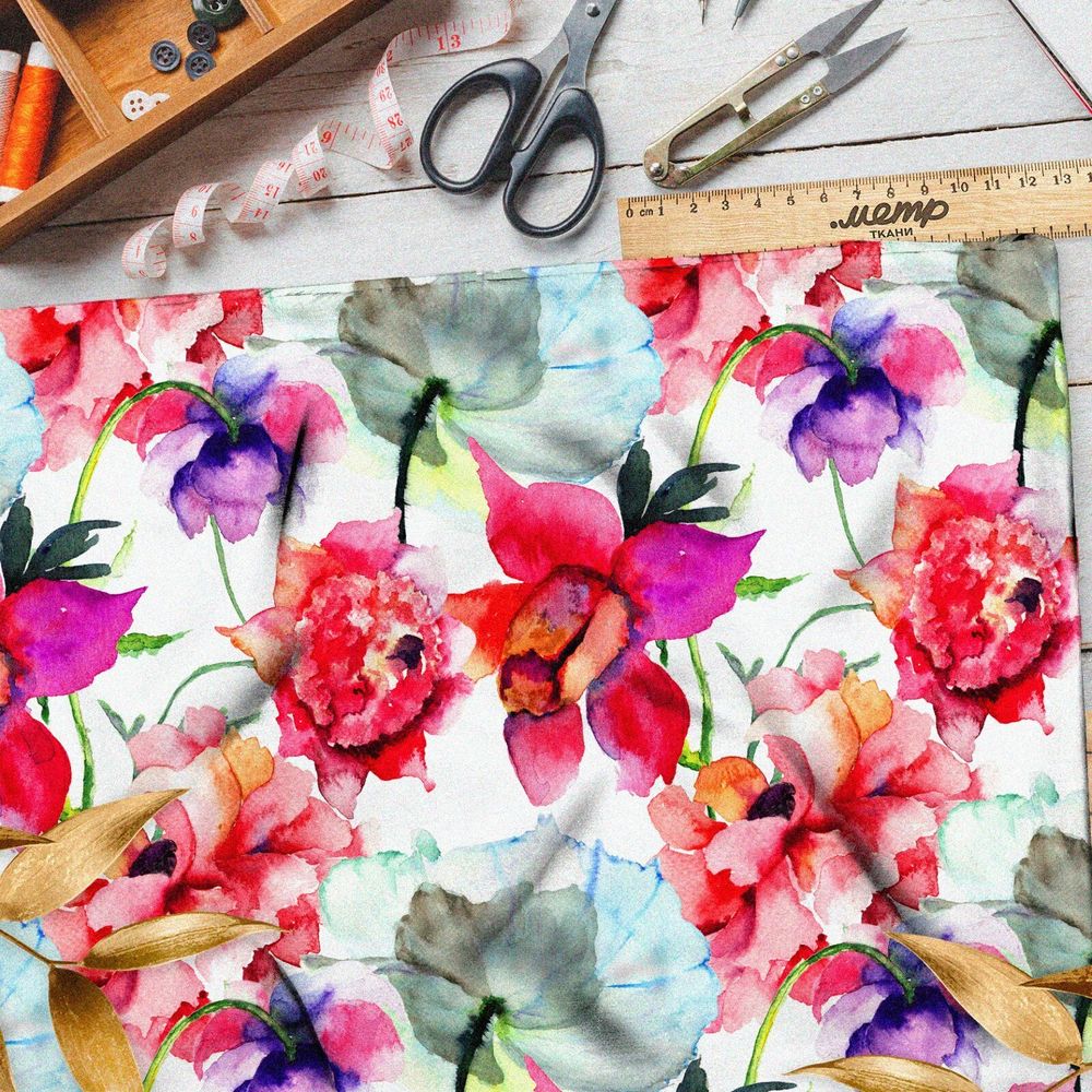 Ткань футер 2-х нитка акварельные соцветия