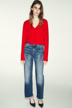 ZARA ДЖИНСЫ Z.07 RELAXED FIT С ВЫСОКОЙ ПОСАДКОЙ И ОТВОРОТАМИ, СИНИЙ