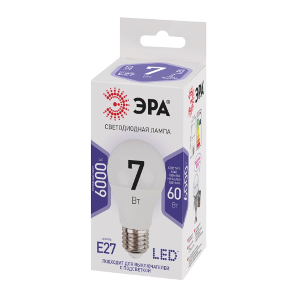 Лампа светодиодная ЭРА STD LED A60-7W-860-E27 7Вт груша холодный дневной свет Е27 | Лампы cветодиодные Груша (A)